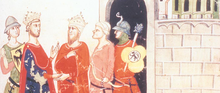 Friedrich II. (links) mit Sultan al-Kamil. Der Kaiser schließt mit dem Sultan den Vertrag von Jaffa ab.