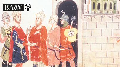 Zeichnung von Friedrich II. und Gefolge beim Sultan