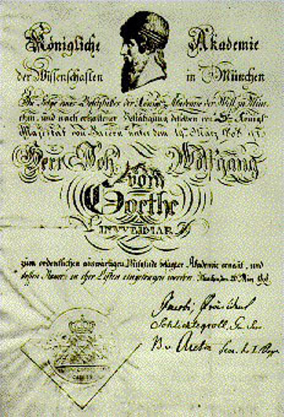 Abbildung der Urkunde über die Mitgliedschaft von Johann Wolfgang von Goethe