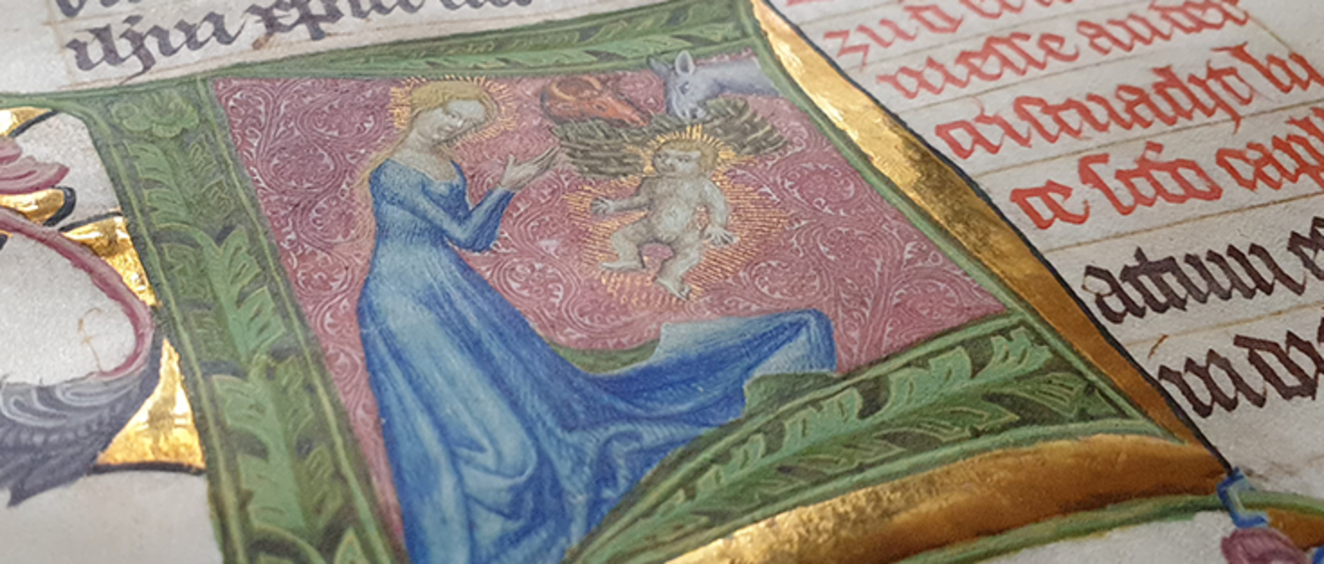 Maria, das Jesuskind sowie Ochs und Esel in einer Handschrift des 'Evangelienwerks' des Österreichischen Bibelübersetzers