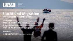 Geflüchtete auf dem Meer mit Titeln zur Veranstaltung 