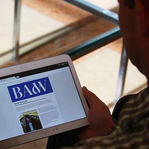  Person, die den BAdW-Newsletter auf einem Tablet liest