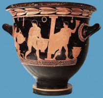 Amphore aus Ton, auf dieser sind Menschen in einer Töpferwerkstatt dargestellt sind, 5. Jahrhundert v. Chr.