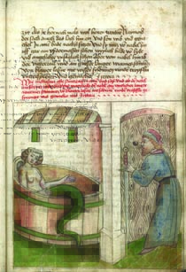 Auszug aus Bibliothekskatalog mit bunter Zeichnung von einer badenden mystischen Frau, die von einem Mann heimlich durch eine Tür beobachtet wird