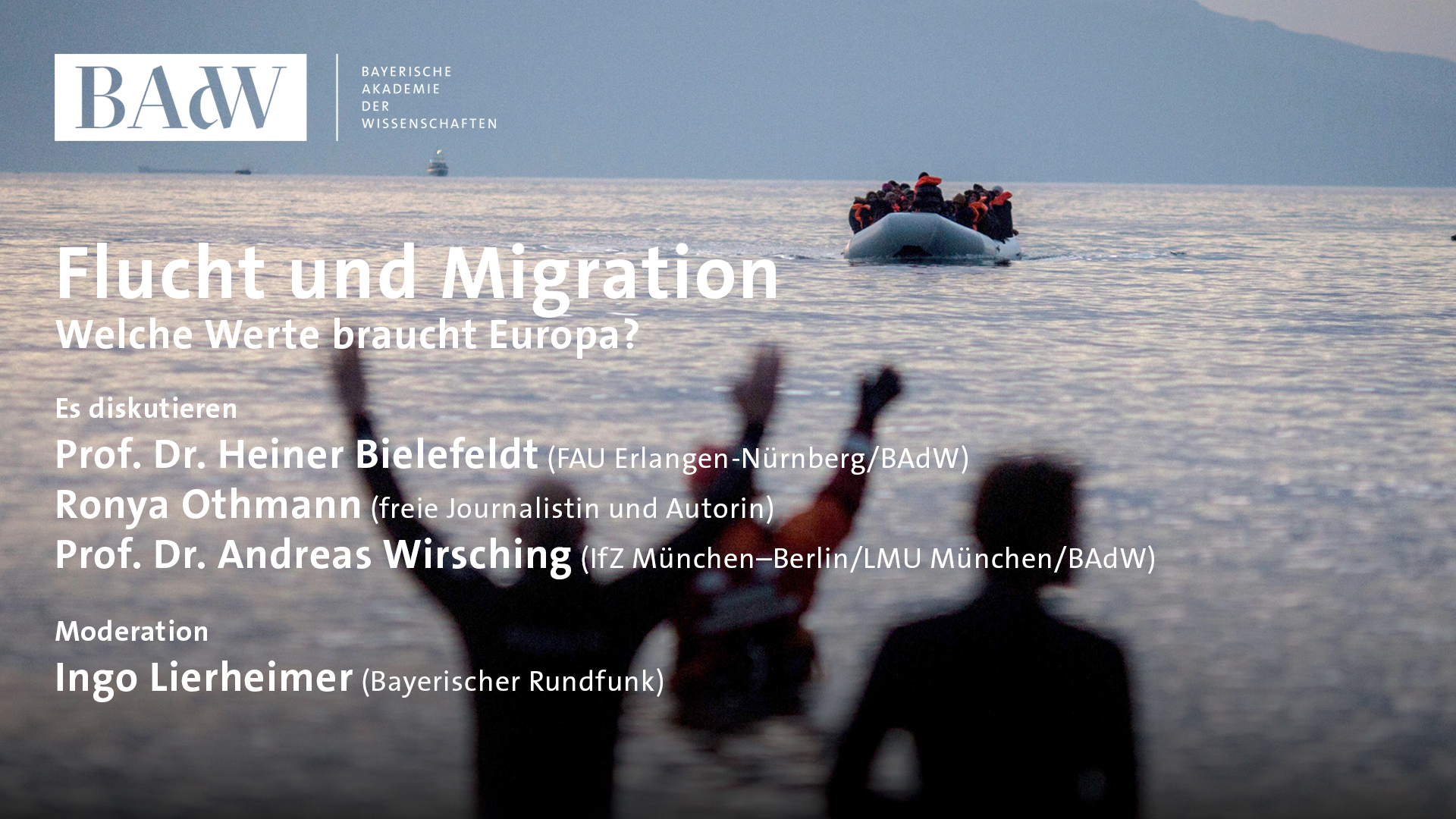 Geflüchtete auf dem Meer mit Titeln zur Veranstaltung 