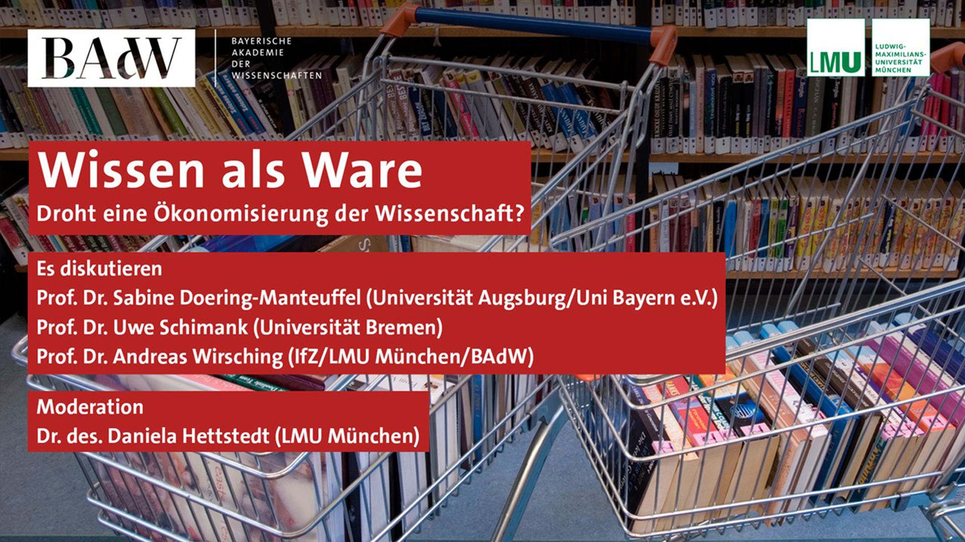 Einkaufswagen mit Büchern und Text zur Veranstaltung Wissen als Ware